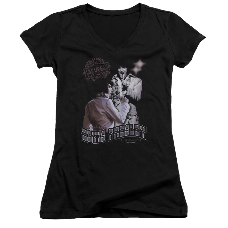 Elvis Presley Violet Vegas - Juniors V-Neck T-Shirt-- Polka Dot Checkered Tartan