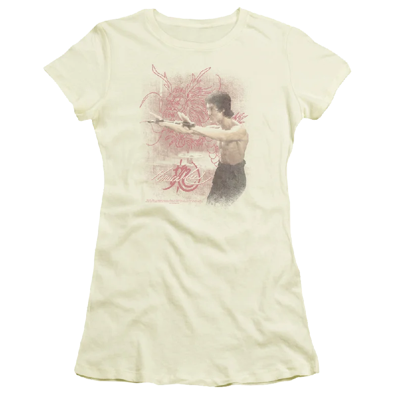 Bruce Lee Power Of The Dragon - Juniors T-Shirt-- Notch Collar Peter Pan Collar Cowl Neck