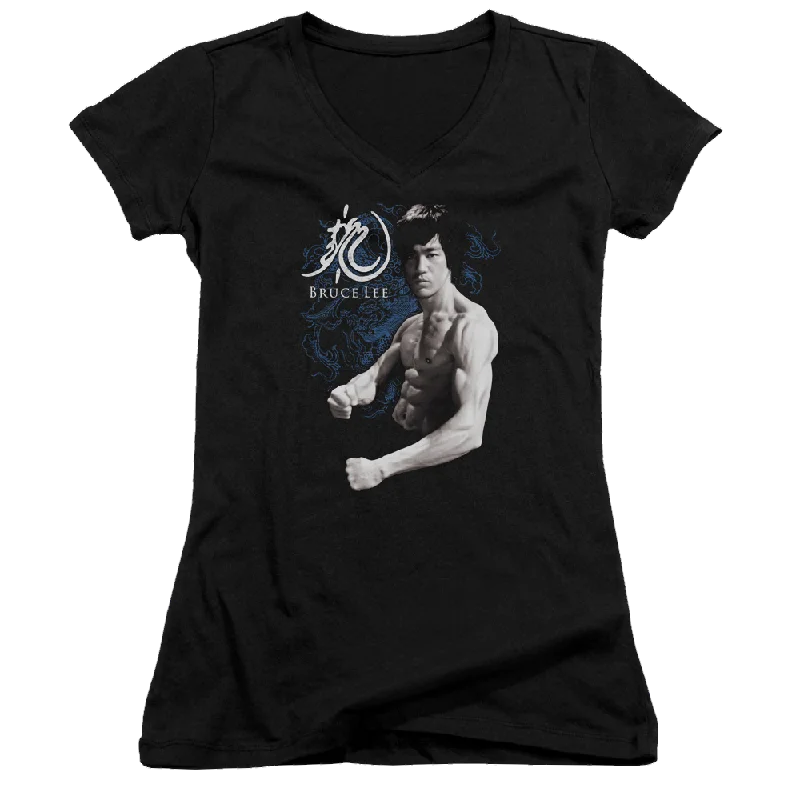 Bruce Lee Dragon Stance - Juniors V-Neck T-Shirt-- Fashionable Trendy Casual