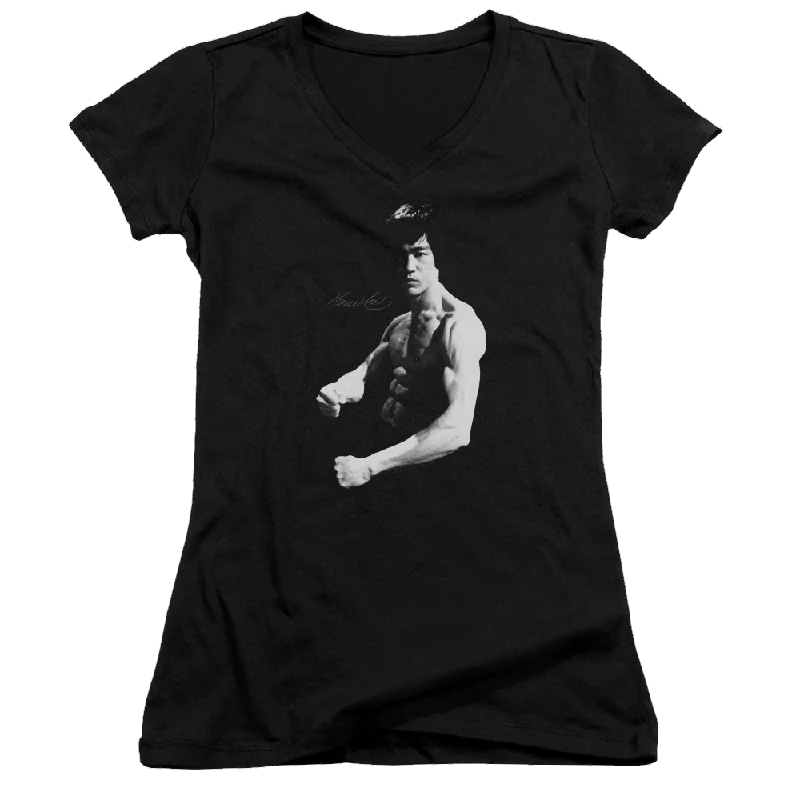 Bruce Lee Stance - Juniors V-Neck T-Shirt-- Jersey Fabric Tulle Fabric Batik Fabric