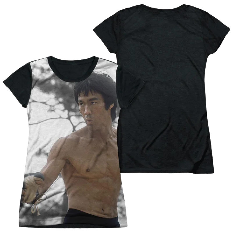 Bruce Lee Battle Ready - Juniors Black Back T-Shirt-- Denim Fabric Leather Fabric Suede Fabric