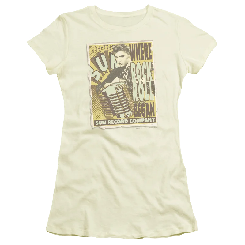 Elvis Presley Rock N Roll Began Poster - Juniors T-Shirt-- Denim Fabric Leather Fabric Suede Fabric