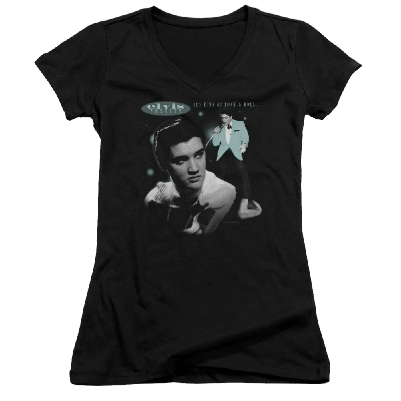 Elvis Presley Teal Portrait - Juniors V-Neck T-Shirt-- Jersey Fabric Tulle Fabric Batik Fabric