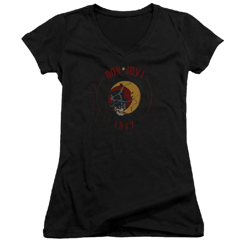 Bon Jovi 1987 - Juniors V-Neck T-Shirt-- Chenille Brocade Lace