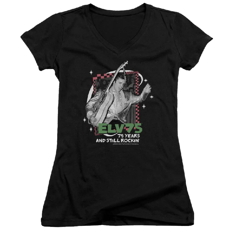 Elvis Presley Still Rockin - Juniors V-Neck T-Shirt-- Polka Dot Checkered Tartan