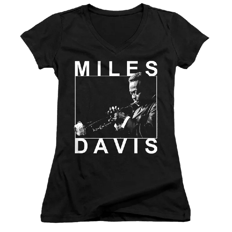 Miles Davis Monochrome - Juniors V-Neck T-Shirt-- Mesh Fabric Canvas Fabric Denim Fabric