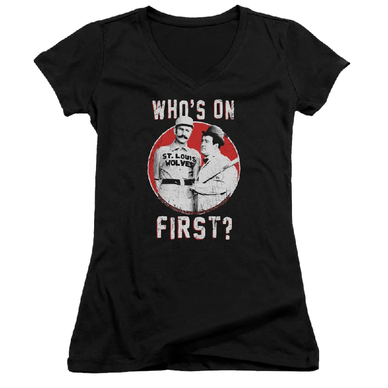 Abbott and Costello First - Juniors V-Neck T-Shirt-- Striped Floral Plaid
