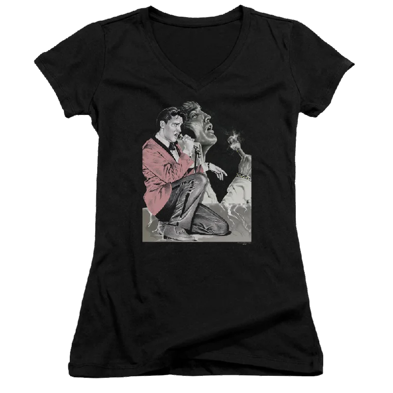 Elvis Presley Rock N Roll Smoke - Juniors V-Neck T-Shirt-- Polka Dot Checkered Tartan