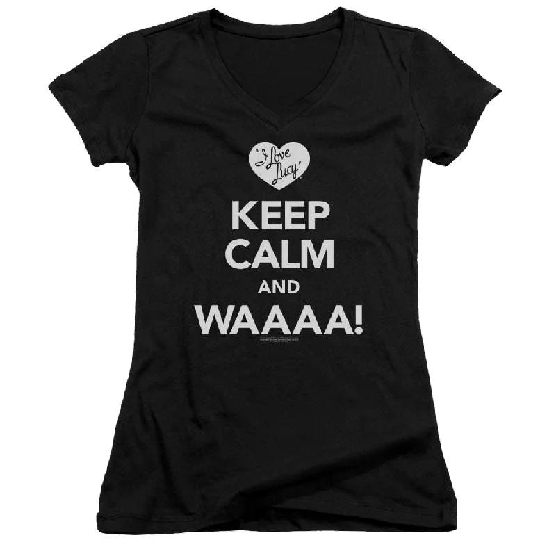 I Love Lucy Keep Calm Waaa Juniors V-Neck T-Shirt-- Rayon Fabric Velvet Fabric Corduroy Fabric