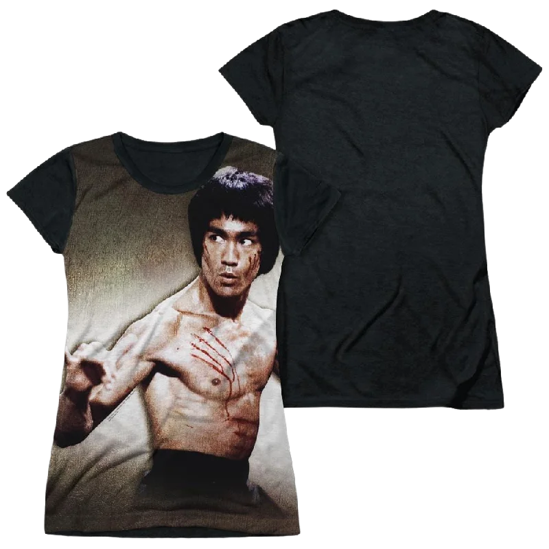 Bruce Lee Scratched - Juniors Black Back T-Shirt-- Mesh Blend Leather Blend Suede Blend