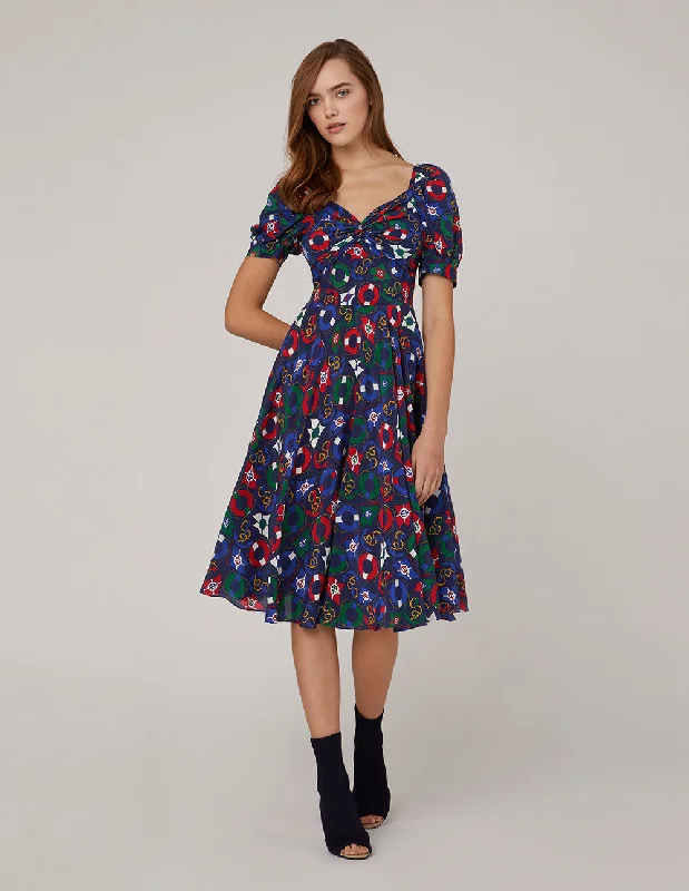 MARYLING ARTISTIC PRINT TIE KNOT SHIRT DRESS-- Spandex Blend Rayon Blend Denim Blend