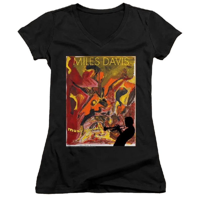 Miles Davis Music Is An Addiction - Juniors V-Neck T-Shirt-- Cotton Fabric Linen Fabric Terry Fabric