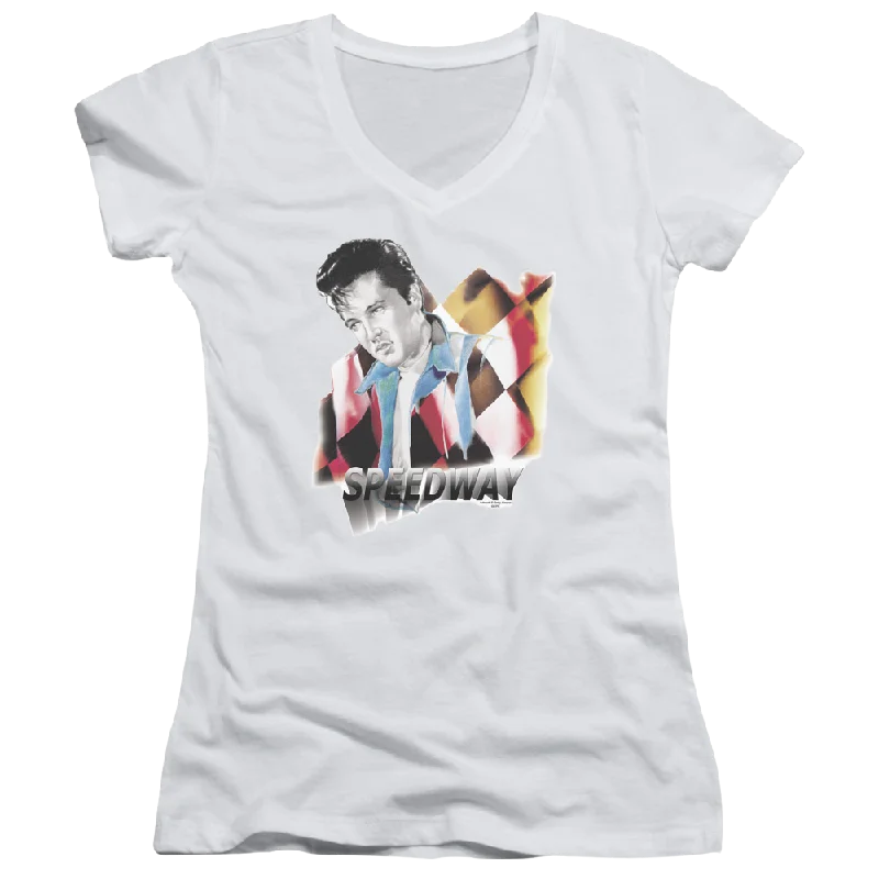 Elvis Presley Speedway - Juniors V-Neck T-Shirt-- Chenille Fabric Brocade Fabric Lace Fabric