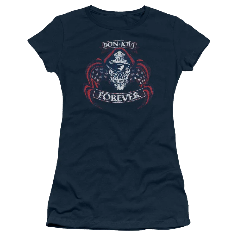 Bon Jovi Forever Skull - Juniors T-Shirt-- Beaded Sequined Faux Fur