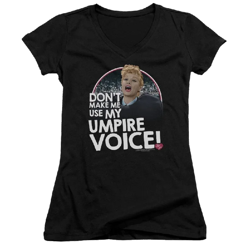 I Love Lucy Umpire Juniors V-Neck T-Shirt-- Notch Collar Peter Pan Collar Cowl Neck