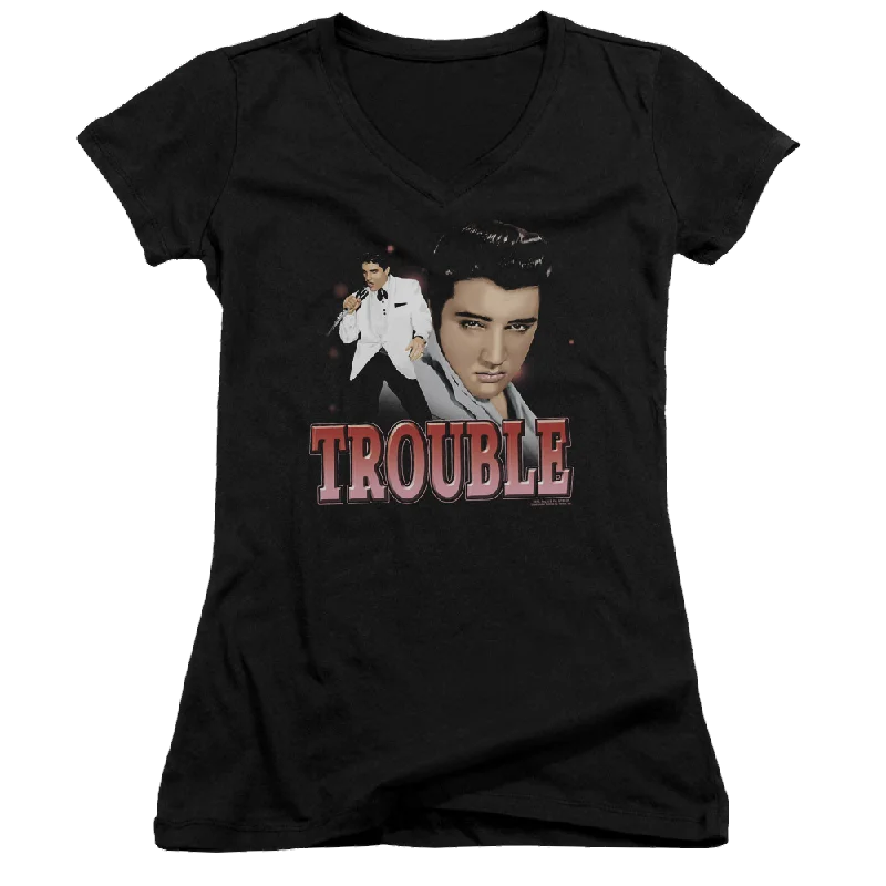 Elvis Presley Trouble - Juniors V-Neck T-Shirt-- Zippered Front Buttoned Front Snap Front