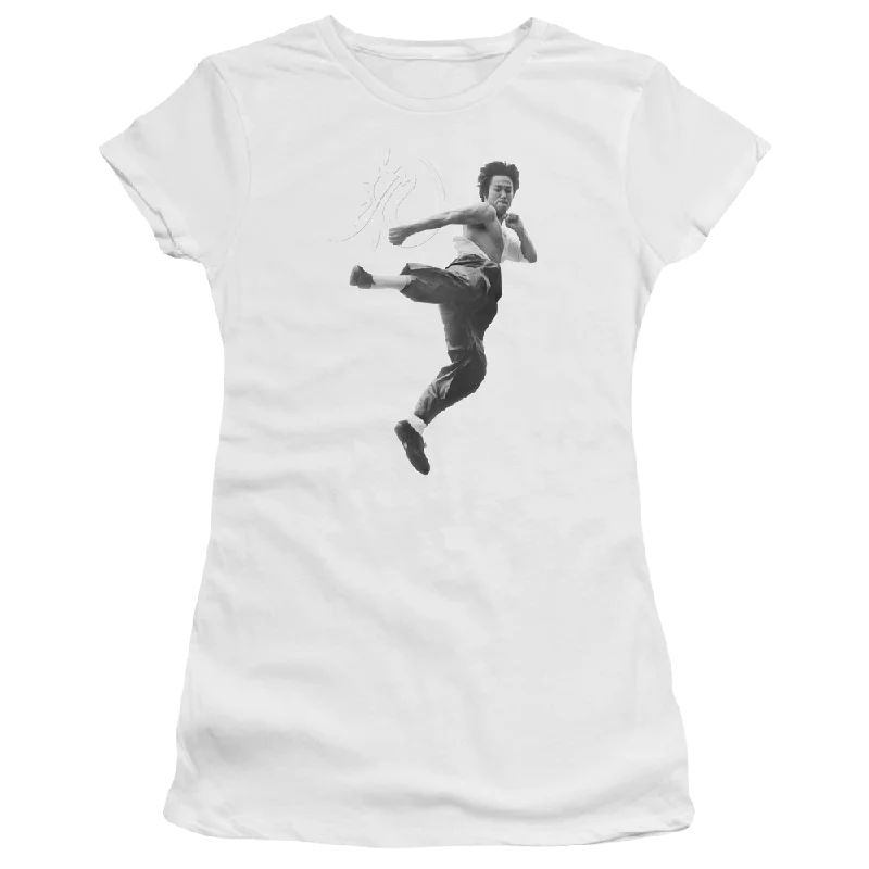 Bruce Lee Flying Kick - Juniors T-Shirt-- Seamless Knitted Crochet