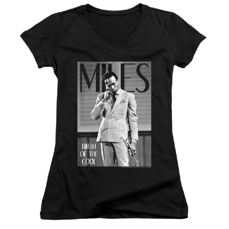 Miles Davis Simply Cool - Juniors V-Neck T-Shirt-- Embroidered Appliqued Beaded