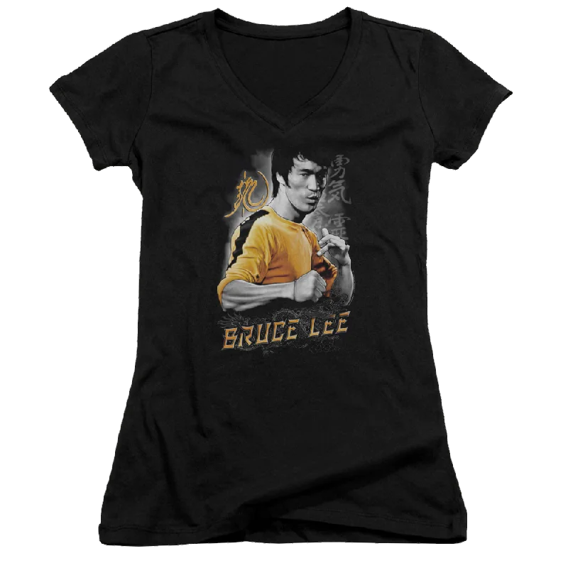 Bruce Lee Yellow Dragon - Juniors V-Neck T-Shirt-- Satin Fabric Silk Fabric Chiffon Fabric