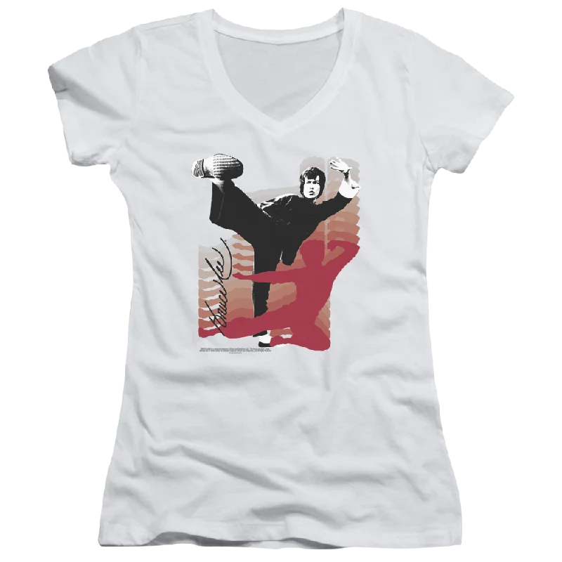 Bruce Lee Kick It - Juniors V-Neck T-Shirt-- Fitted T-Shirt Seamless Stretchy