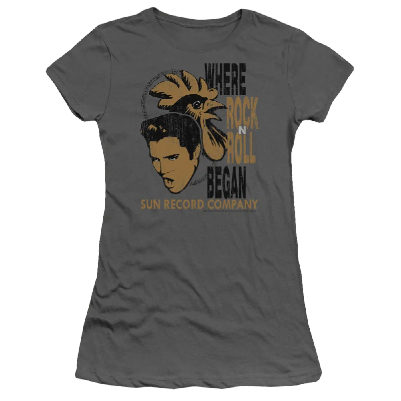 Elvis Presley Elvis And Rooster - Juniors T-Shirt-- Wool Fabric Cashmere Fabric Tweed Fabric