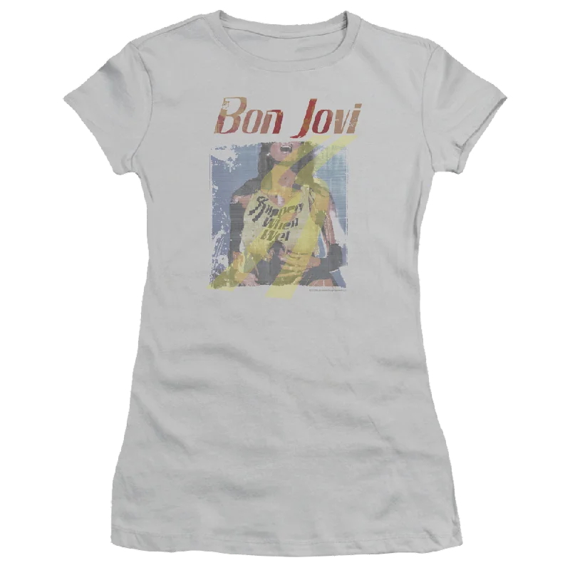 Bon Jovi Slippery When Wet Girl - Juniors T-Shirt-- Zippered Buttoned Snapped