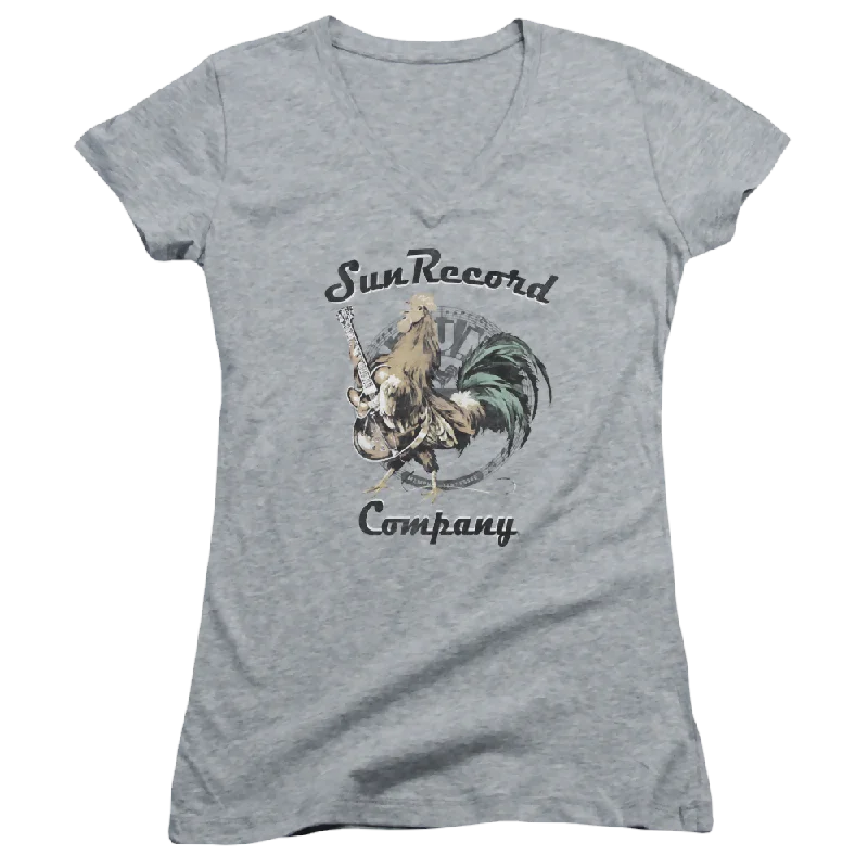 Sun Records Rockin Rooster Logo - Juniors V-Neck T-Shirt-- Fleece Fabric Down Fabric Feather Fabric