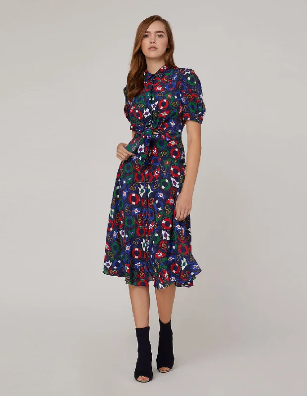 MARYLING ARTISTIC PRINT TIE KNOT SHIRT DRESS-- Ribbed Striped Patterned