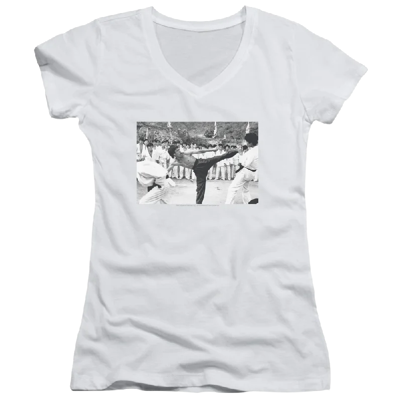 Bruce Lee Kick To The Head - Juniors V-Neck T-Shirt-- Fleece Nylon Spandex