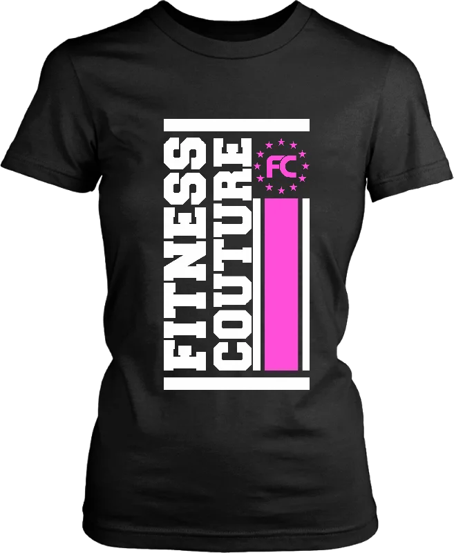Fitness Couture - Vertical Logo T-shirt *Pink* Workout, Gym Day Tee-- Silk Blend Satin Velvet