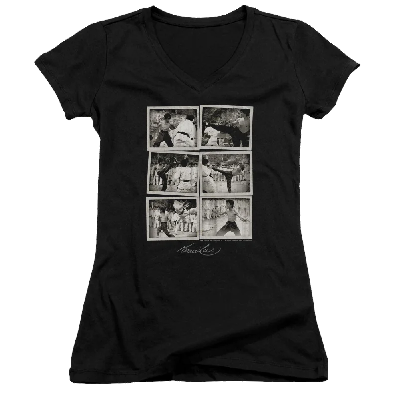 Bruce Lee Snap Shots - Juniors V-Neck T-Shirt-- Hooded Caped Shawl Collar