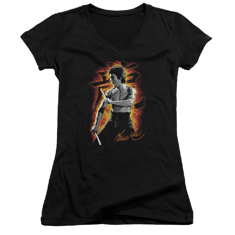 Bruce Lee Dragon Fire - Juniors V-Neck T-Shirt-- Silk Blend Satin Velvet