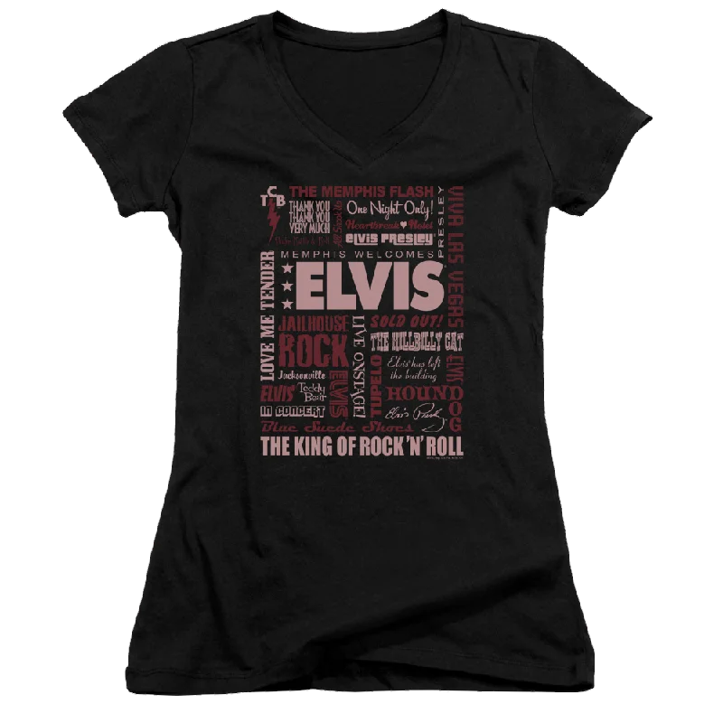 Elvis Presley Whole Lotta Type - Juniors V-Neck T-Shirt-- Hooded Caped Shawl Collar