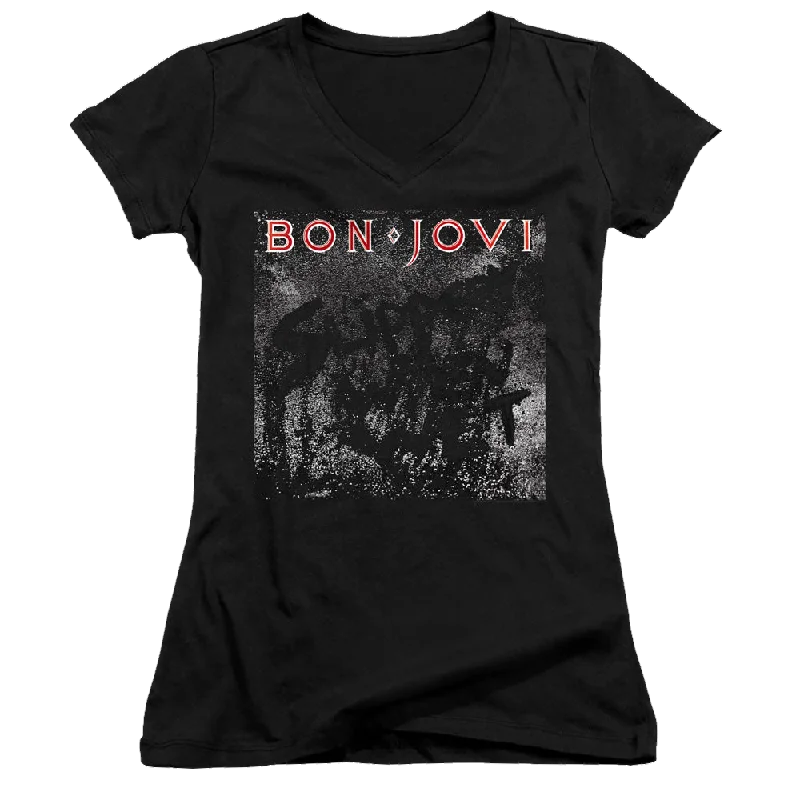 Bon Jovi Slippery Cover - Juniors V-Neck T-Shirt-- Elegant Classic Vintage