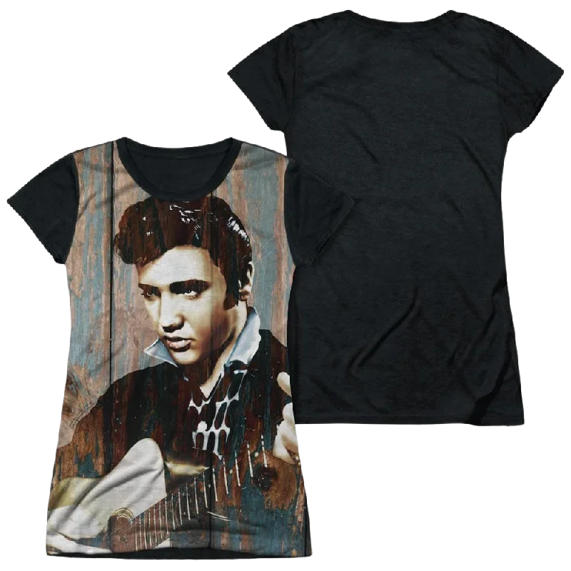 Elvis Presley Woodgrain - Juniors Black Back T-Shirt-- Solid Color Striped Floral