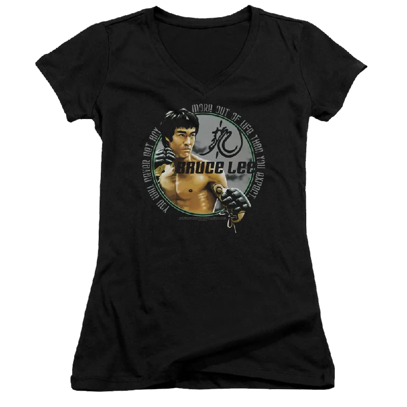 Bruce Lee Expectations - Juniors V-Neck T-Shirt-- Zippered Buttoned Snapped