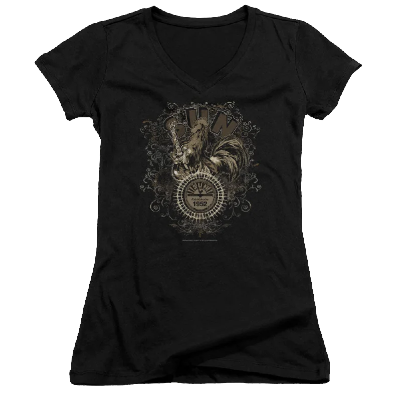 Sun Records Scroll Around Rooster - Juniors V-Neck T-Shirt-- Elegant Classic Vintage