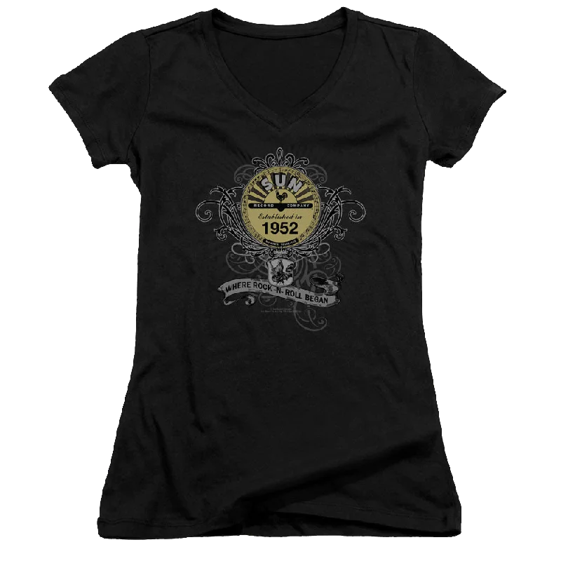Sun Records Rockin Scrolls - Juniors V-Neck T-Shirt-- Anti-Shrink Durable Soft