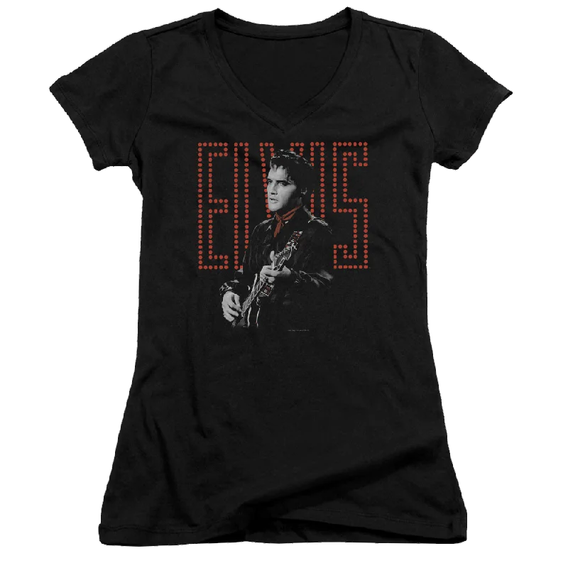 Elvis Presley Red Guitarman - Juniors V-Neck T-Shirt-- Real Fur Shearling Chenille