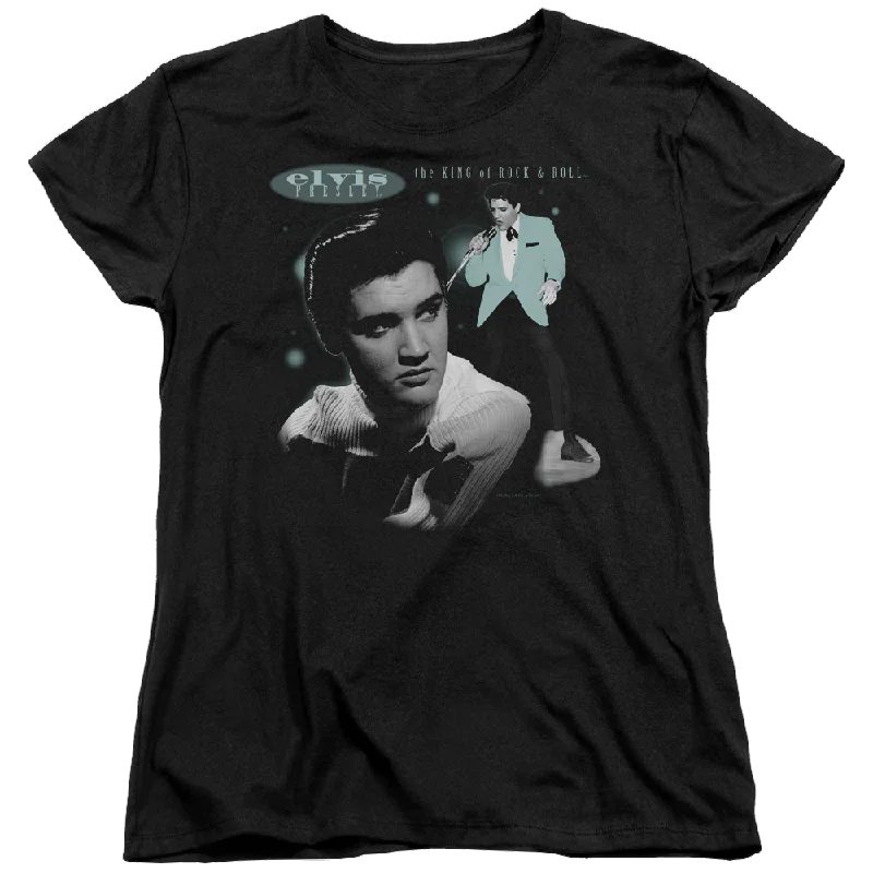 Elvis Presley Teal Portrait - Women's T-Shirt-- Notch Collar Peter Pan Collar Cowl Neck