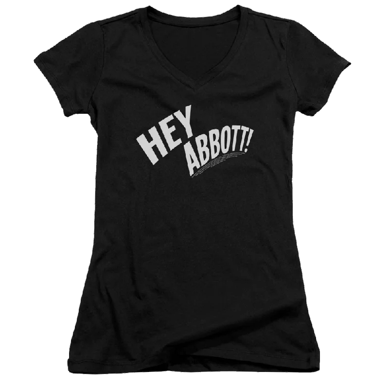 Abbott and Costello Hey Abbott - Juniors V-Neck T-Shirt-- Lace Blend Ribbed Blend Corduroy Blend