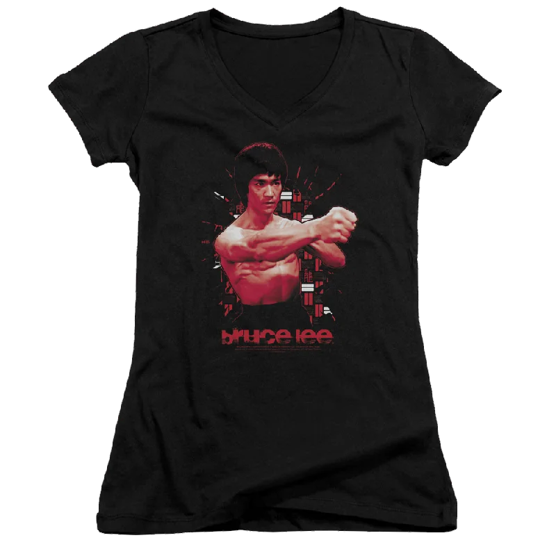 Bruce Lee The Shattering Fist - Juniors V-Neck T-Shirt-- Solid Print Embellished