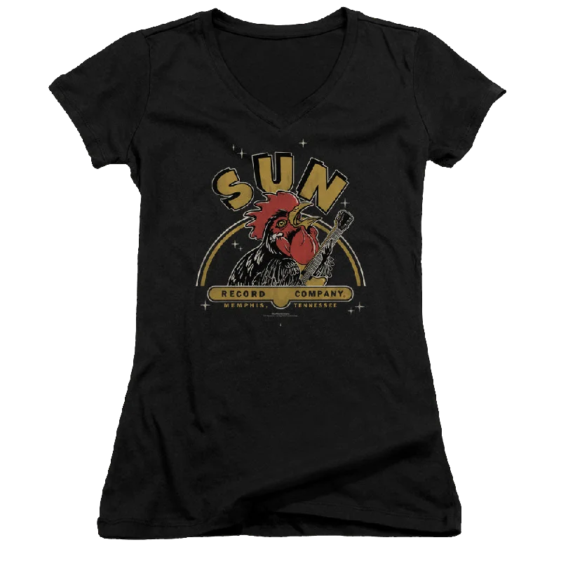 Sun Records Rocking Rooster - Juniors V-Neck T-Shirt-- Seamless Knitted Crochet