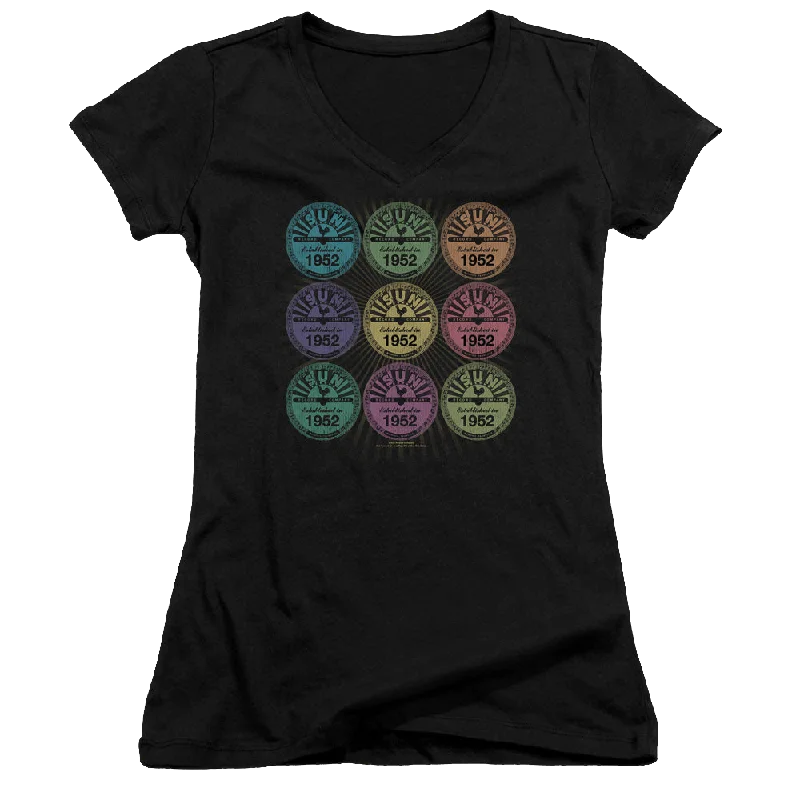 Sun Records Rocking Color Block - Juniors V-Neck T-Shirt-- Asymmetrical Pockets Print