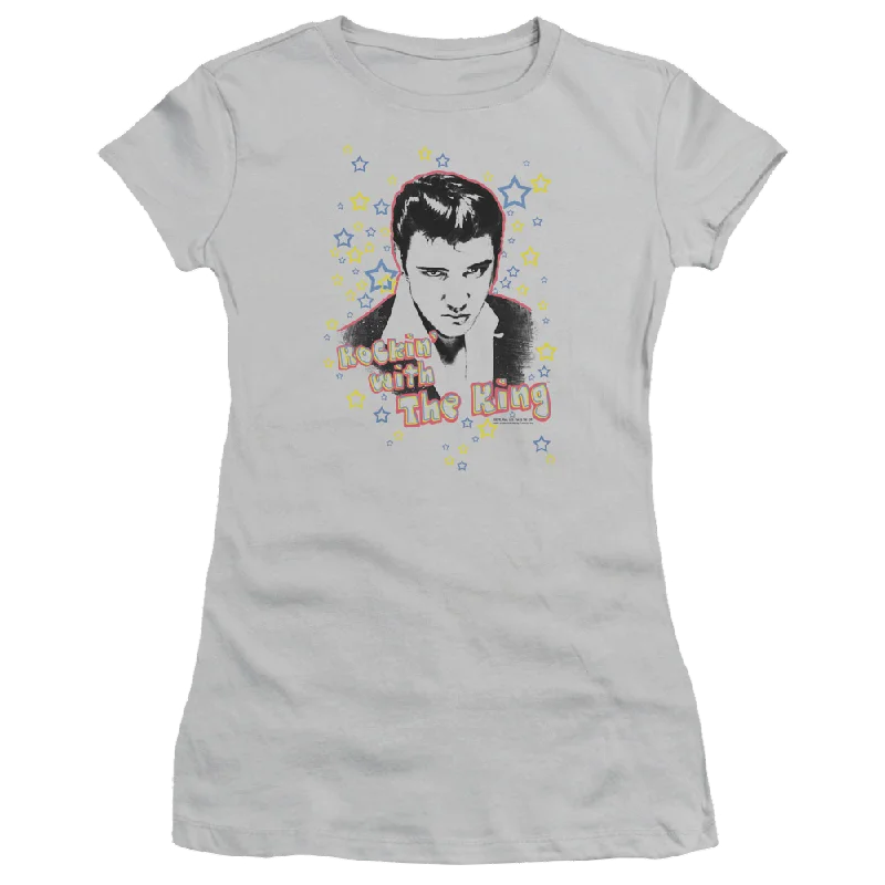 Elvis Presley Rockin With The King - Juniors T-Shirt-- Zippered Buttoned Snapped
