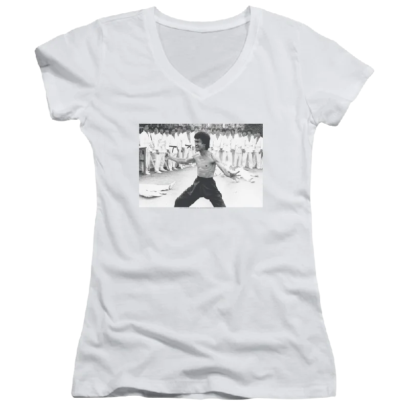 Bruce Lee Triumphant - Juniors V-Neck T-Shirt-- Polka Dot Checkered Tartan