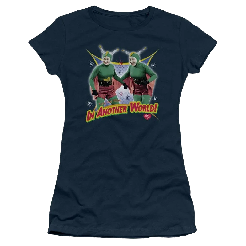 I Love Lucy In Another World Juniors T-Shirt-- Solid Print Embellished