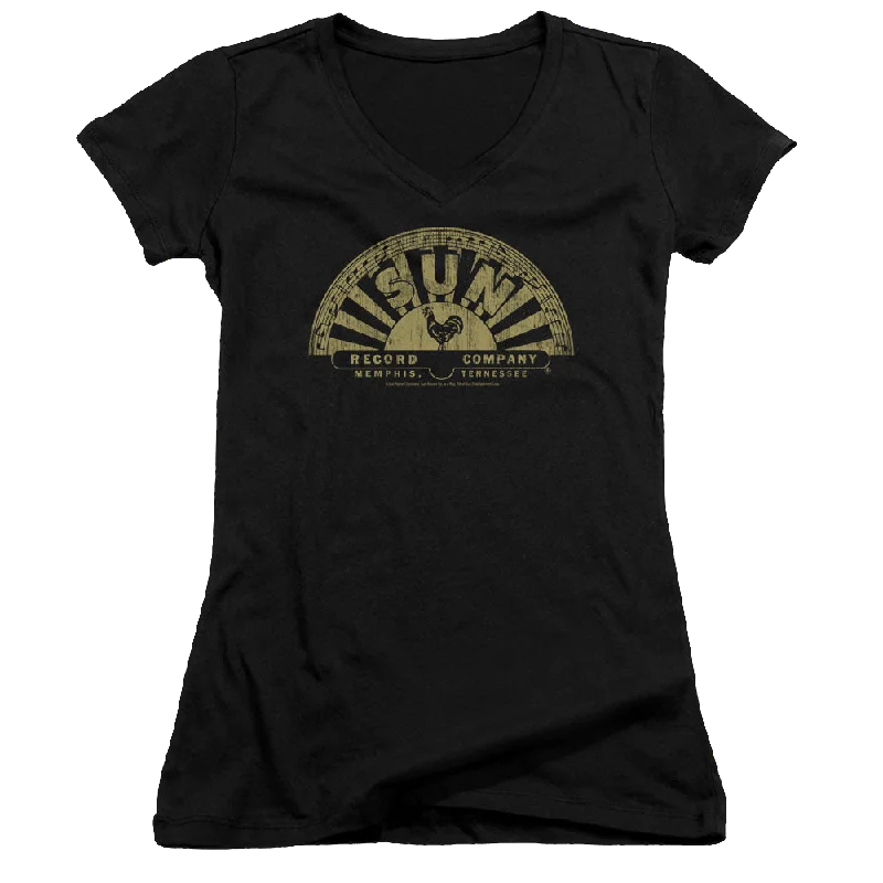 Sun Records Tattered Logo - Juniors V-Neck T-Shirt-- Rayon Velvet Corduroy