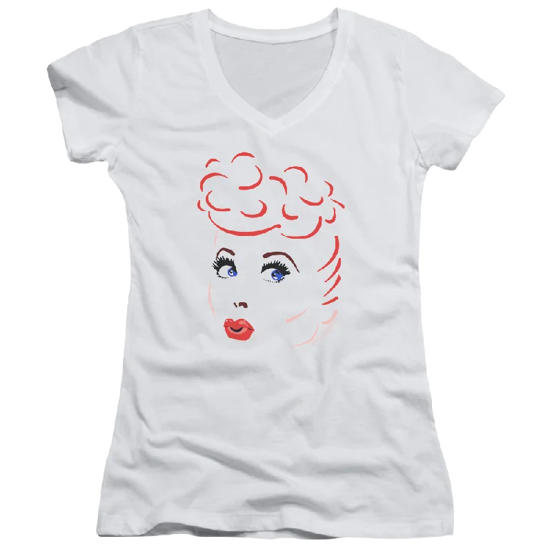 I Love Lucy Lines Face Juniors V-Neck T-Shirt-- Denim Fabric Leather Fabric Suede Fabric