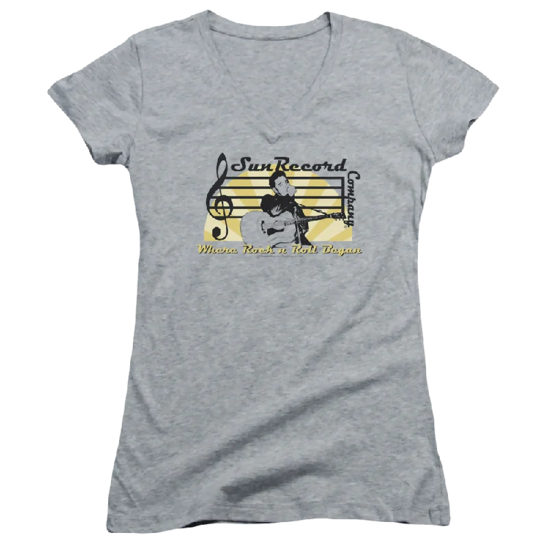 Elvis Presley Sun Record Company - Juniors V-Neck T-Shirt-- Mesh Fabric Canvas Fabric Denim Fabric